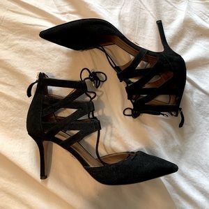 Aquazzura black lace up heels, well loved condition reflected on the price